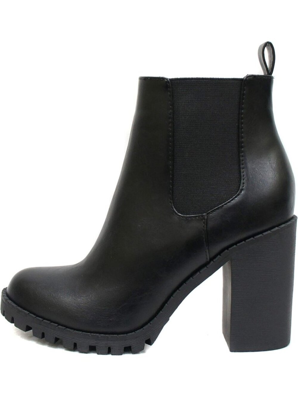 Women's Fashion Black Ankle Boot w/Lug Sole Elastic Gore Chunky Heel Pull On